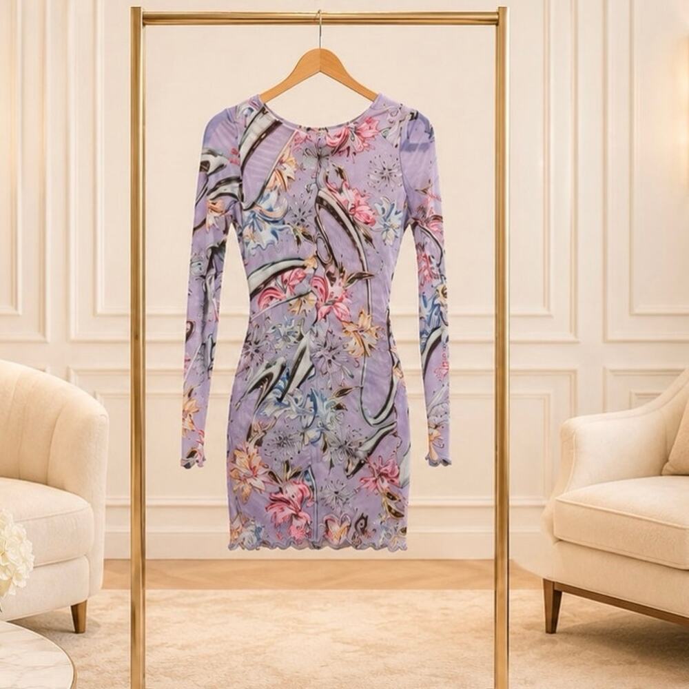 Agua Bendita Hadley Mesh Mini Dress Silver Abstract Print Ruffle NWT Med Resort